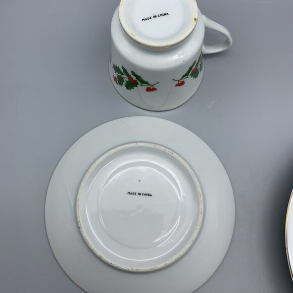 Set of White with Green Holly and Red Berries Cup & Saucer and 2 Dessert Plates - Picture 6 of 9